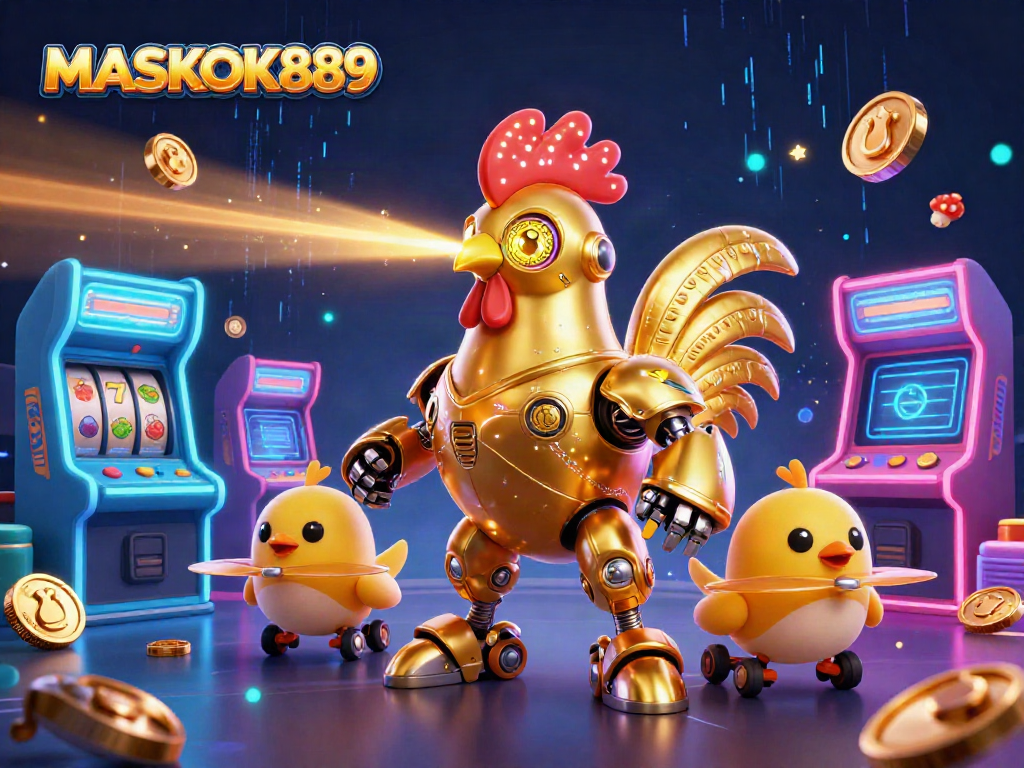 Play at MASKOKI889 with colorful slots and a futuristic golden rooster robot.