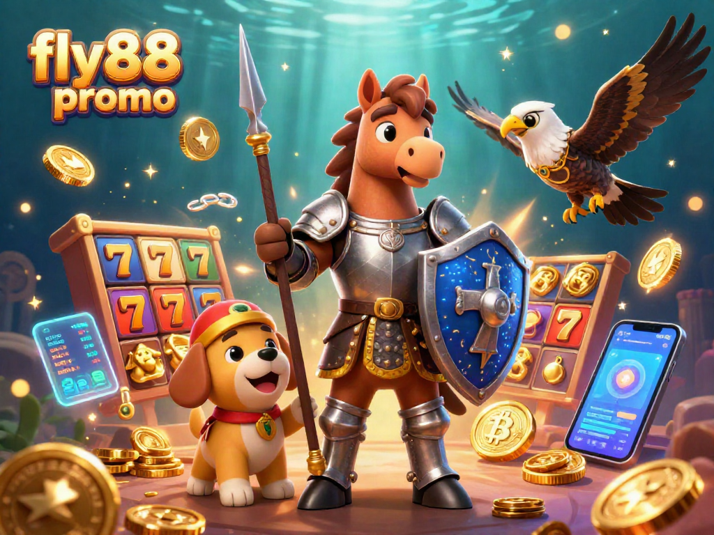 Engage with the fly88 promo as a knight battles for jackpots in an exciting online casino scene filled with crypto elements.
