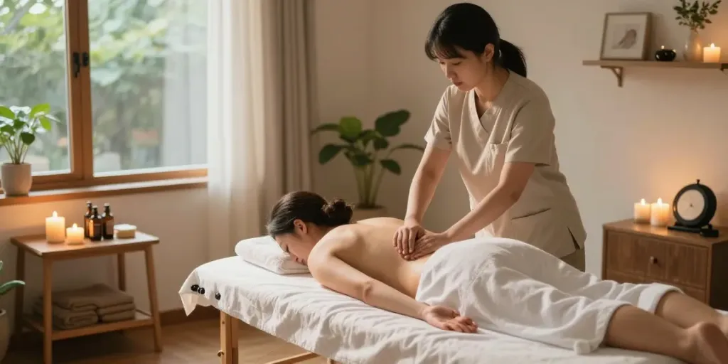 관악구출장마사지 session in a serene home setting with soft lighting and calming decor.