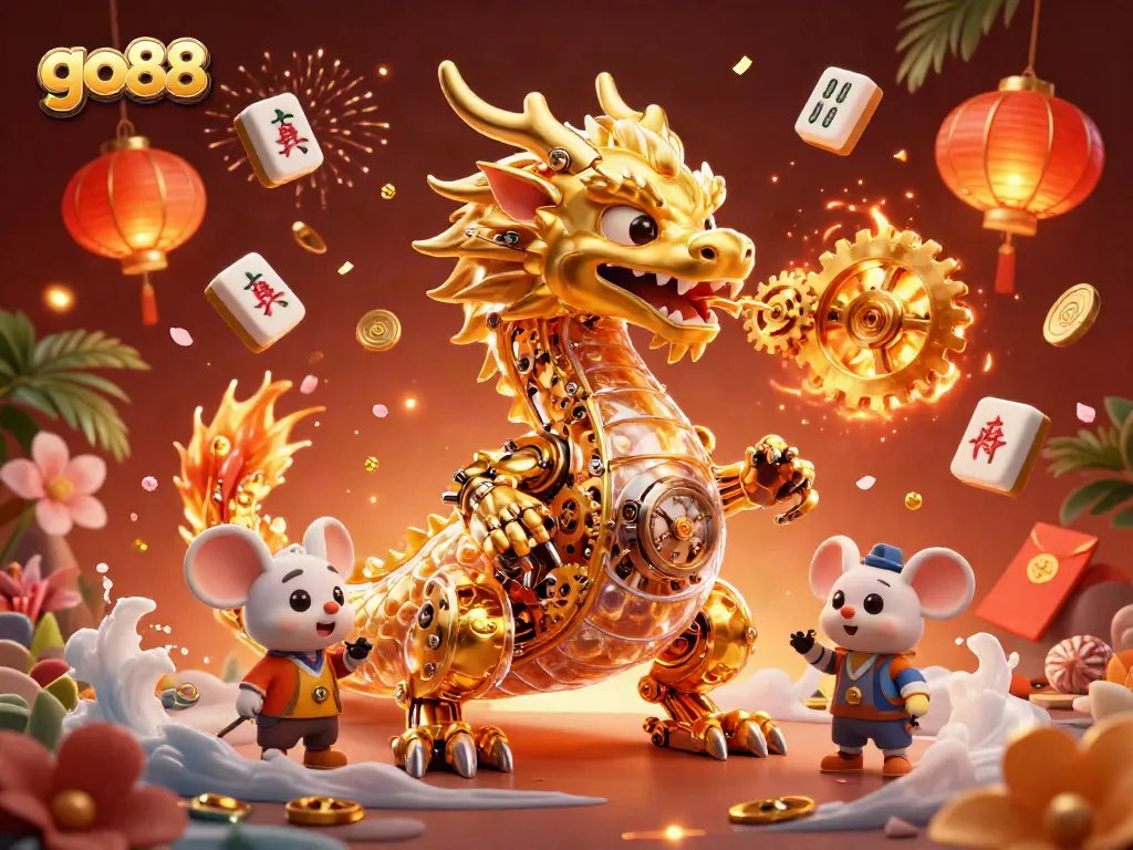 Engage in exciting gameplay at go88 with a dynamic scene of dragon and mice, celebrating wins!