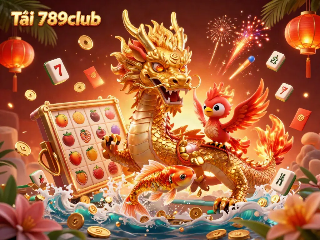 Experience the excitement of Tải 789club with a golden dragon, phoenix, and koi fish amidst colorful slot elements.