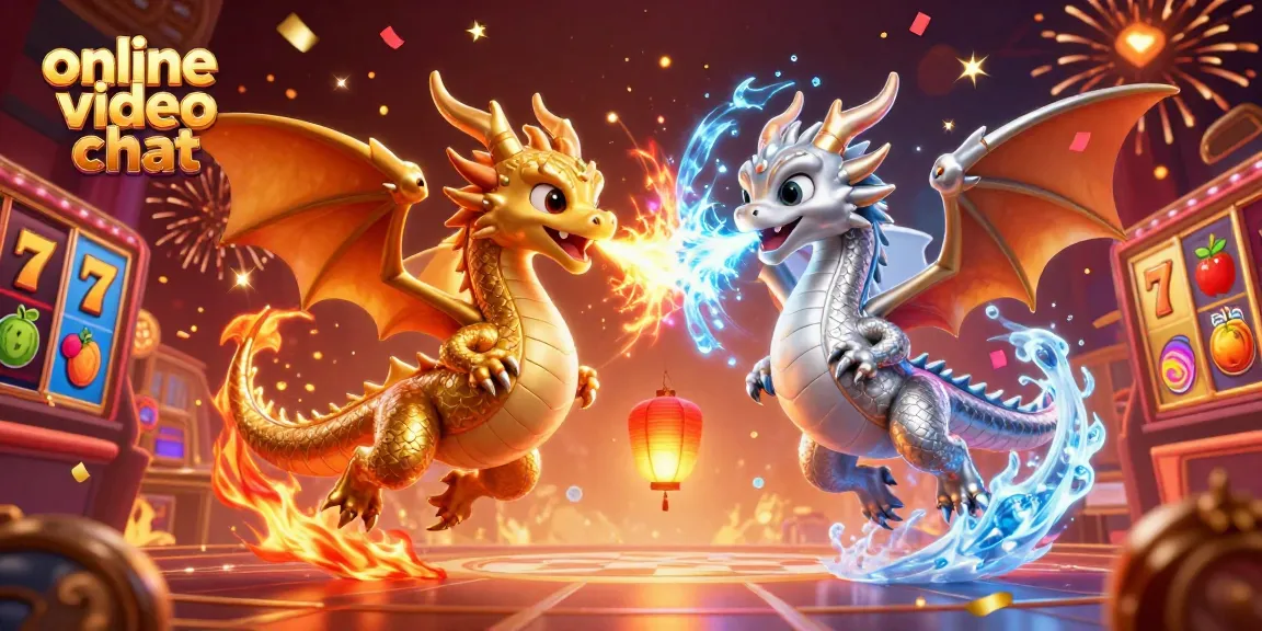 Engage in thrilling online video chat while spinning slot reels in a vibrant casino setting.