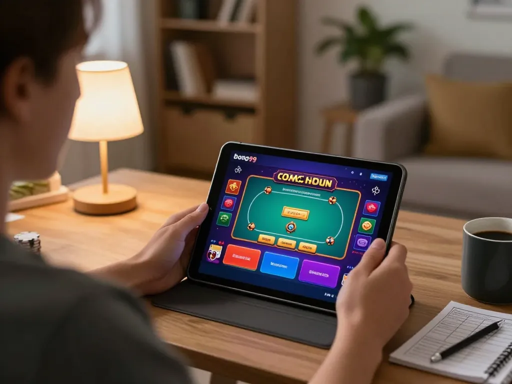 bong99 player engaged in online poker game on tablet in a cozy living room setting
