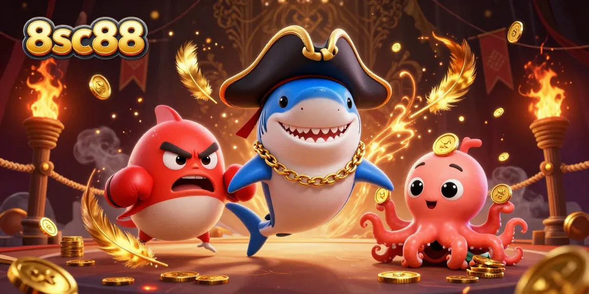 8sc88 showcases a dynamic scene of a pirate shark, pufferfish, and octopus surrounded by casino elements.