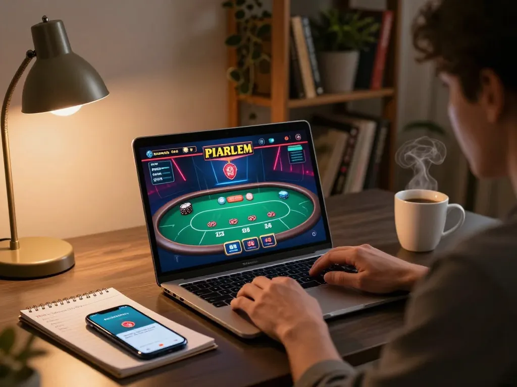Person mastering poker strategies on mantra88 app while enjoying a cozy home gaming atmosphere.