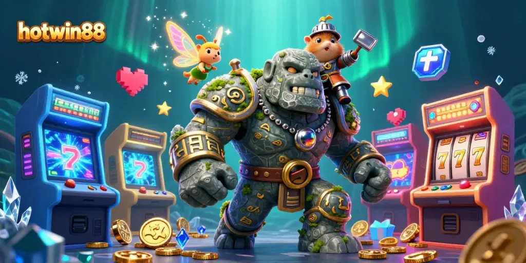 Join the excitement at hotwin88 with a vibrant gaming scene showcasing slot machines, magical characters, and dynamic game elements.