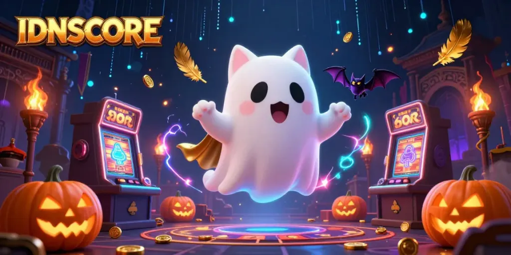 Float with the IDNSCORE ghost cat through a haunted casino, surrounded by glowing poker-jack-o-lanterns.