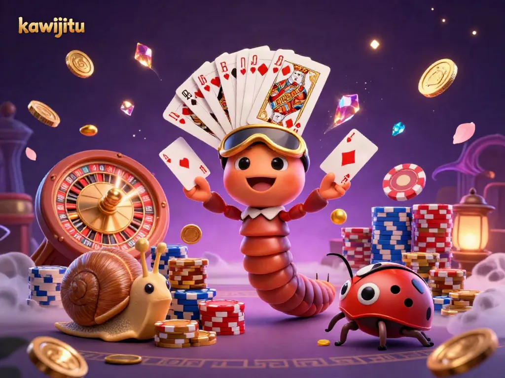 Experience winning moments with kawijitu as a cartoon millipede dealer engages players at a vibrant casino.