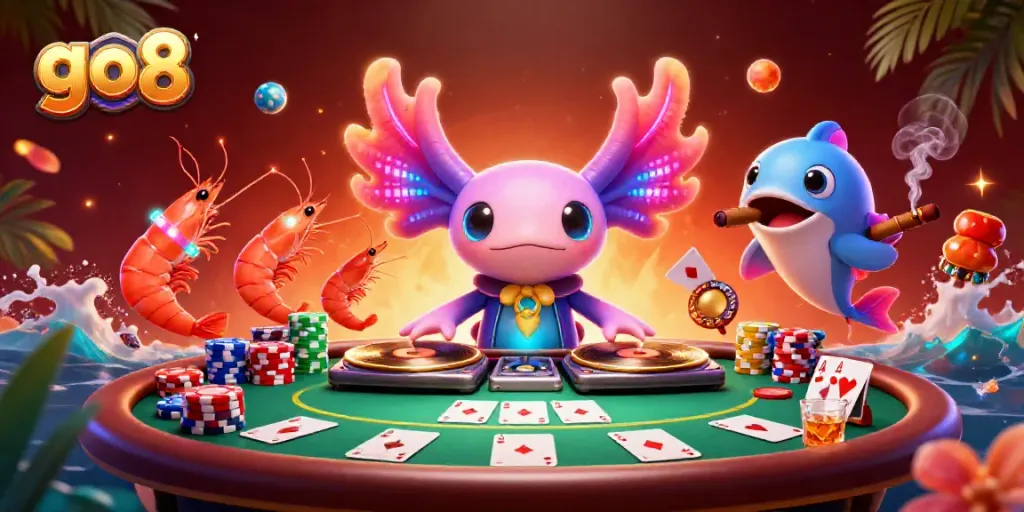 Experience the vibrant action of go8 with an energetic axolotl DJ and dynamic poker scene.