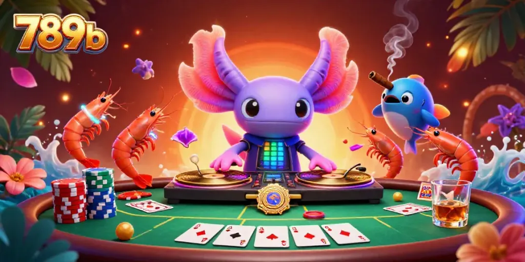 Experience thrilling gambling action with 789b's vibrant casino scene featuring animated characters and poker elements.