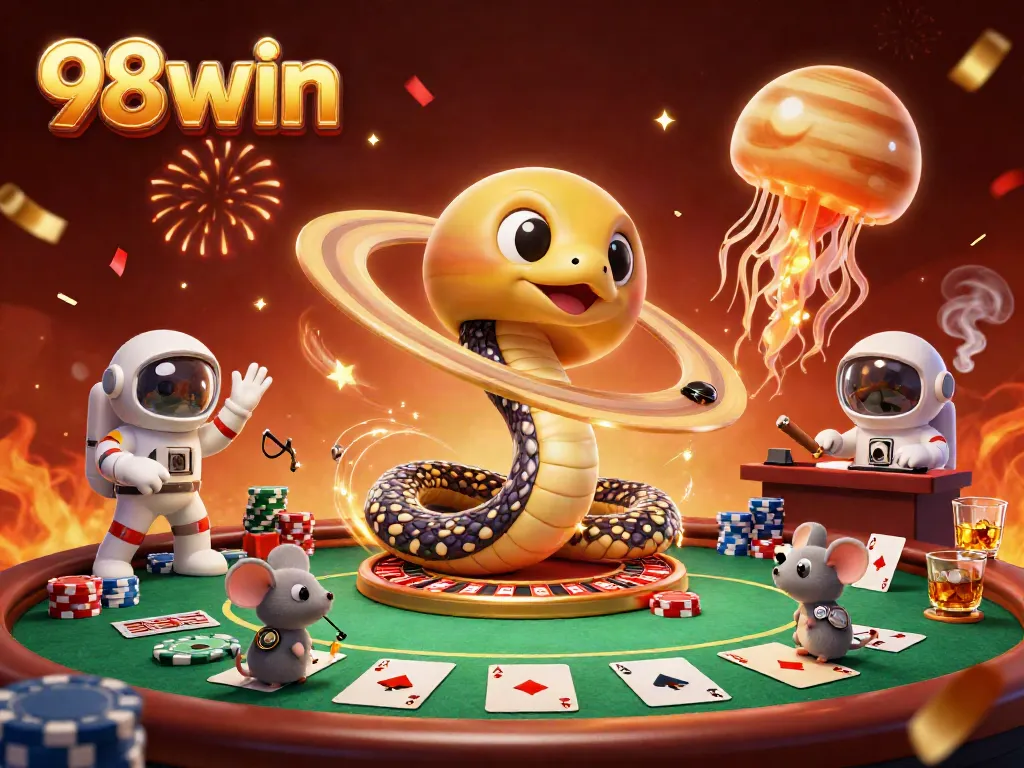 Betting on the roulette rings of 98win's casino with vibrant characters and festive atmosphere.