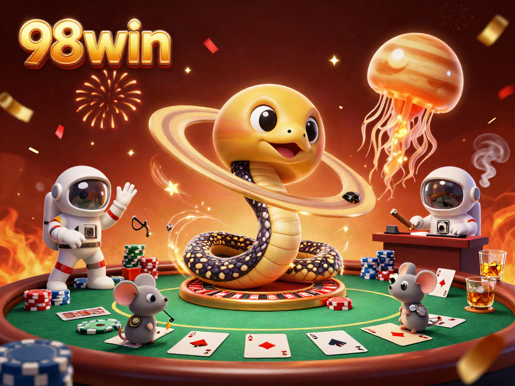 Betting on the roulette rings of 98win's casino with vibrant characters and festive atmosphere.