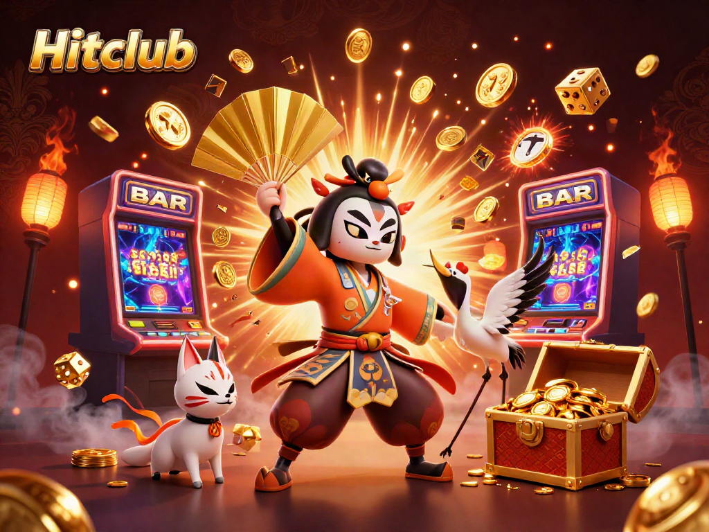 Engaging Hitclub illustration featuring vibrant casino elements, kabuki warrior, and jackpot theme.
