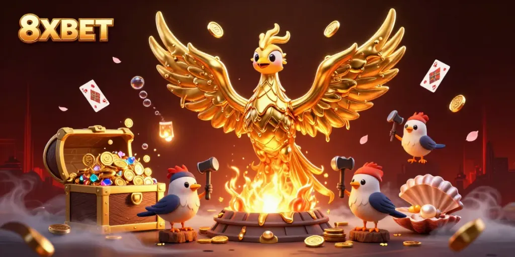 Experience thrilling 8XBET excitement with a golden phoenix in a dynamic casino scene.