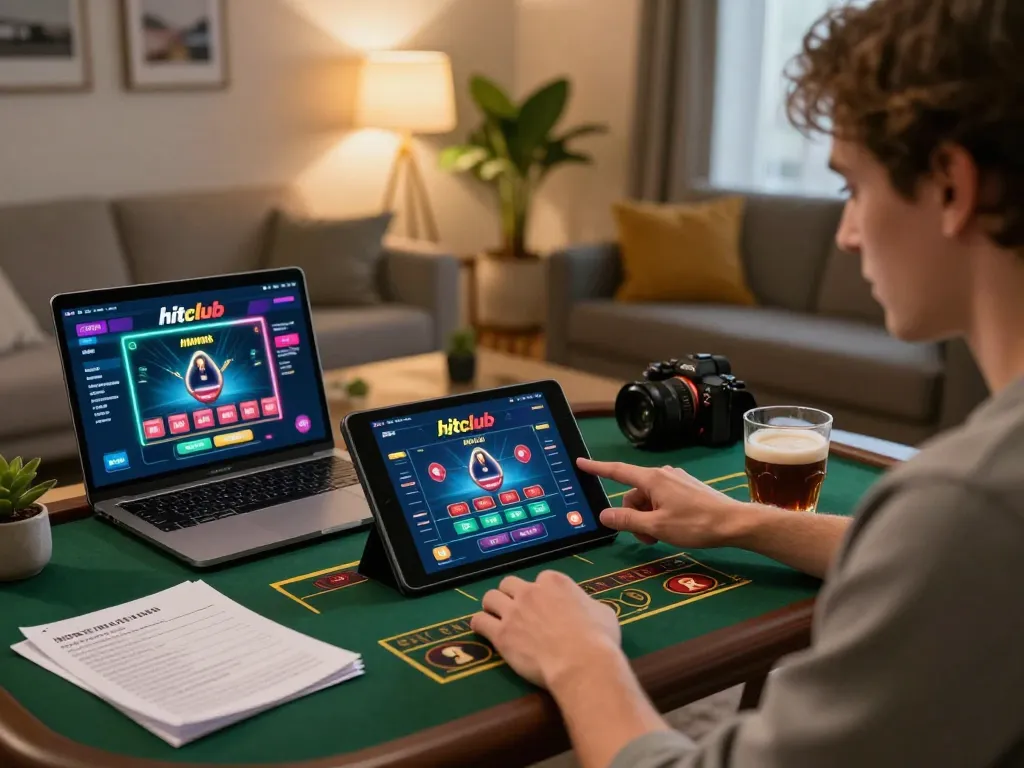 Player enjoying hitclub online gaming experience on tablet in a cozy living room setting