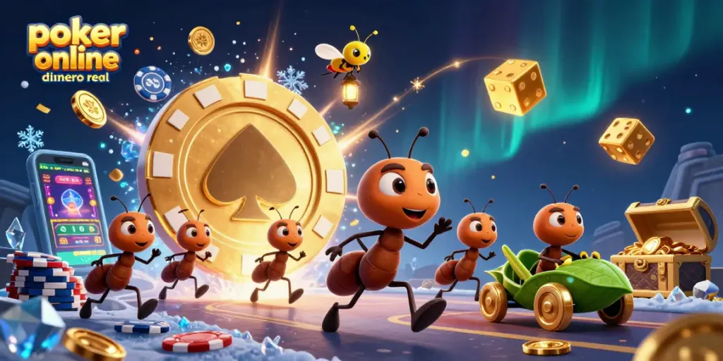 Juega al póker online en España con dinero real mientras unos entrañables personajes llevan una ficha gigante.