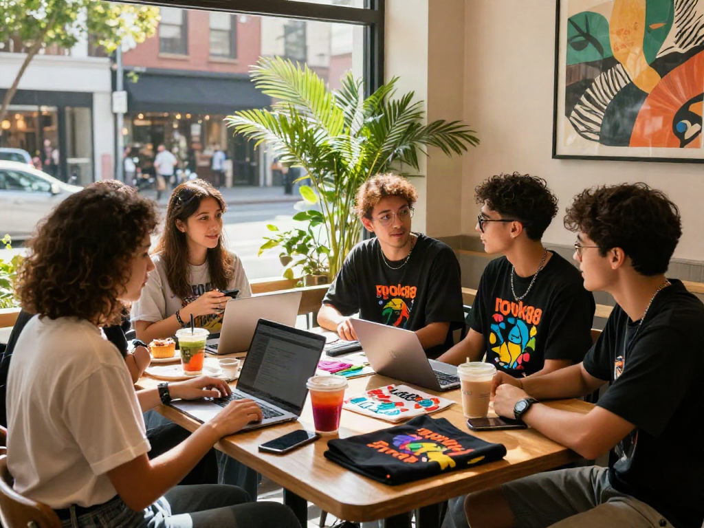 Group of young adults enjoying rokok88 merchandise in urban café atmosphere.