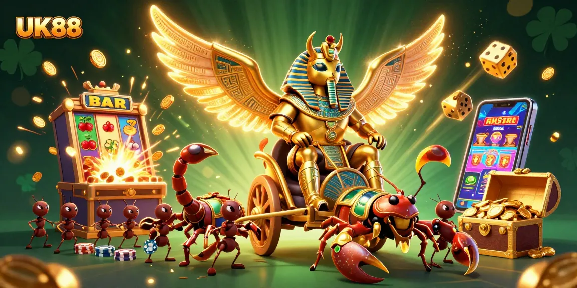 Experience the vibrant world of UK88 with a dynamic chariot scene featuring a golden beetle and scorpions amidst casino excitement.