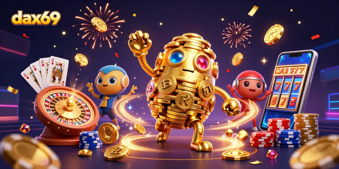 DAX69 menghadirkan golem emas berputar sambil mengeluarkan koin dan simbol permainan, menonjolkan pengalaman kasino online