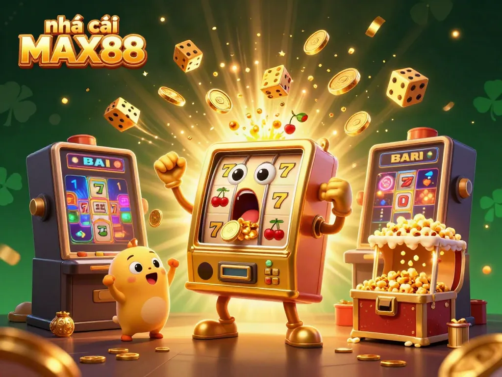 nhà cái MAX88 slot machine celebrating a jackpot win amidst a dynamic casino scene.