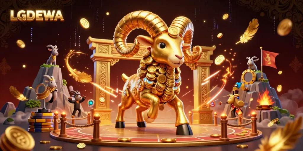 Engage with the exciting LGODEWA brand as a golden ram character charges through a dramatic gambling arena.