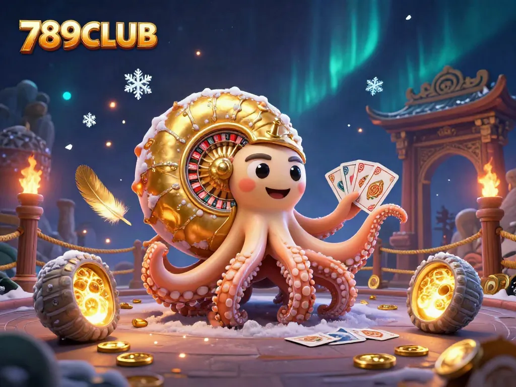 Experience the thrill of 789CLUB with a vibrant 3D illustration of a nautilus roulette wheel and golden cards.