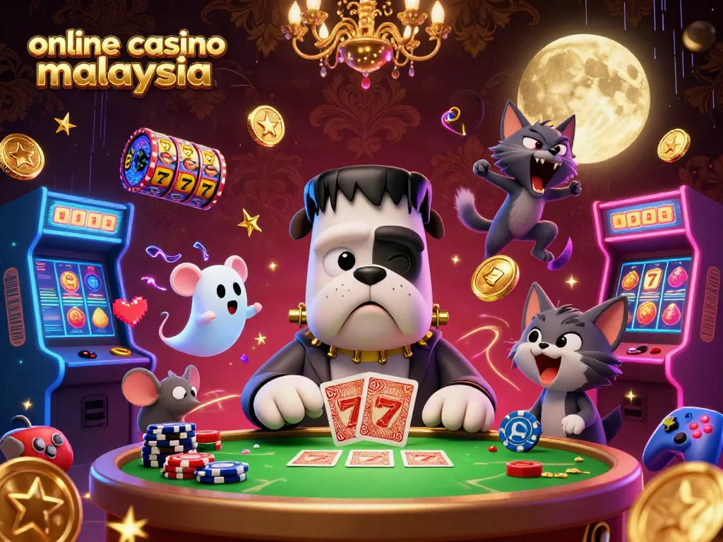 Engaging 3D illustration of a Frankenstein bulldog at an online casino Malaysia, dealing cards with dynamic slot elements.