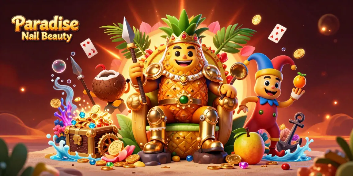Experience excitement with Paradise Nail Beauty in a vibrant beach casino scene with lively characters and dazzling elements.