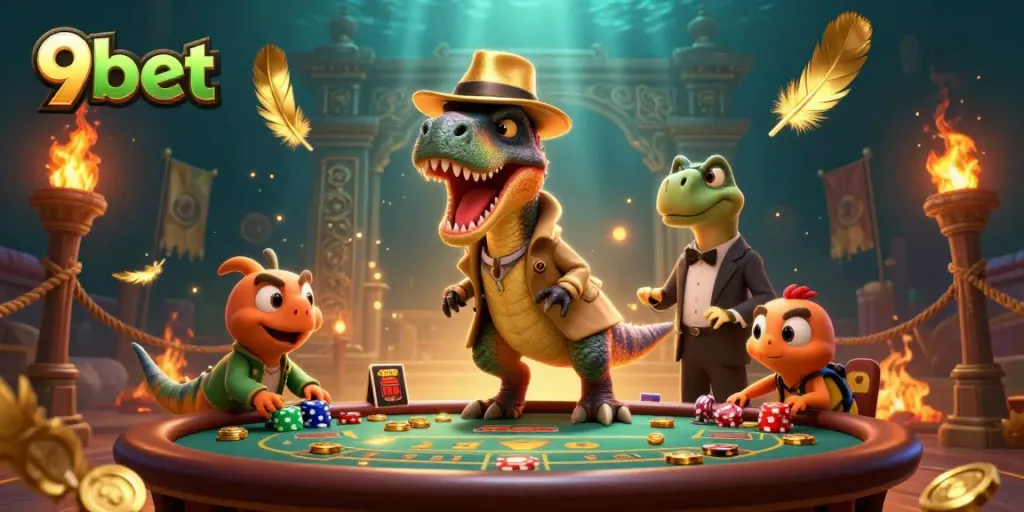 Engage with 9bet's vibrant gaming world featuring a velociraptor card counter at a blackjack table.