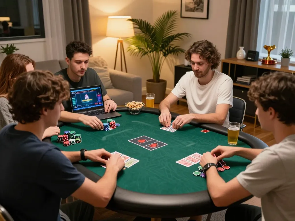 IDNSCORE RESMI online poker game with friends in a cozy home setting, highlighting strategic gameplay.