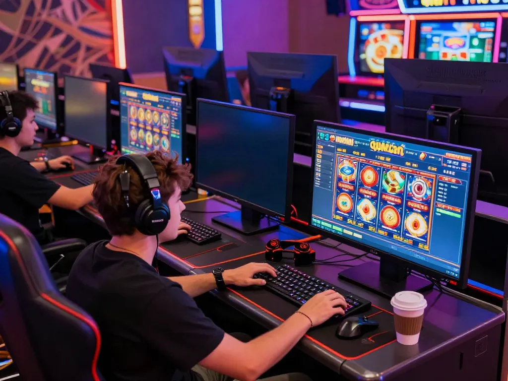 Player enjoying QQMacan online slots in a vibrant gaming setup with high-tech screens.
