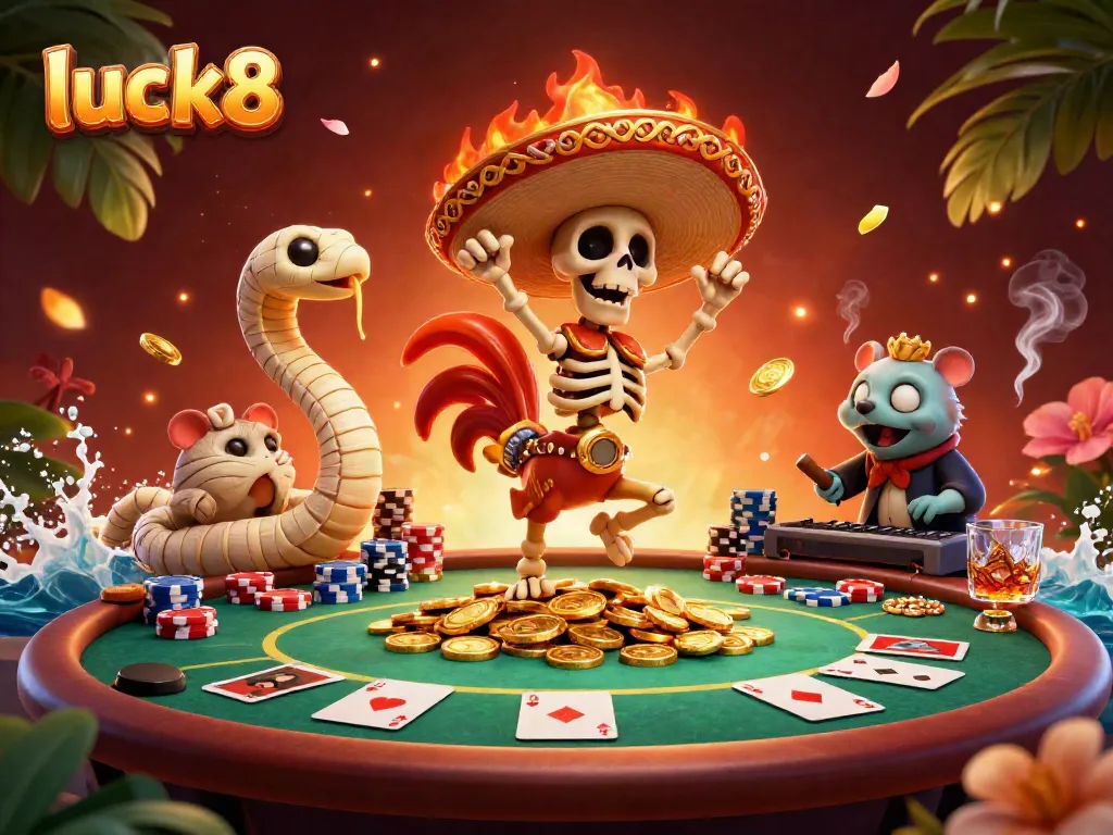 Witness an exciting luck8 casino scene with a dancing skeleton mariachi and dynamic poker elements.