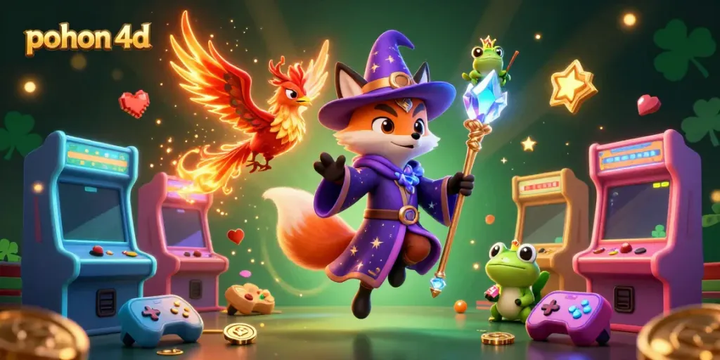 Experience the enchanting world of pohon 4d with a wizard fox and phoenix in a vibrant gaming scene.