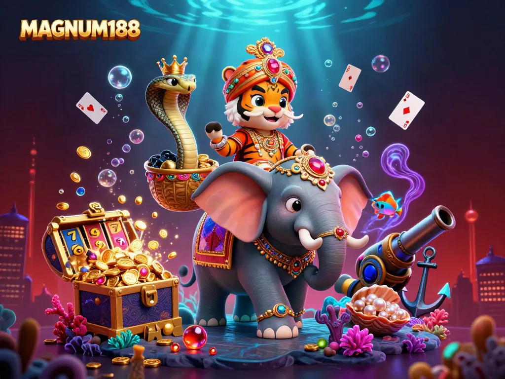 Experience thrilling slots at MAGNUM188 with a vibrant Indian maharaja, elephant, and treasures.