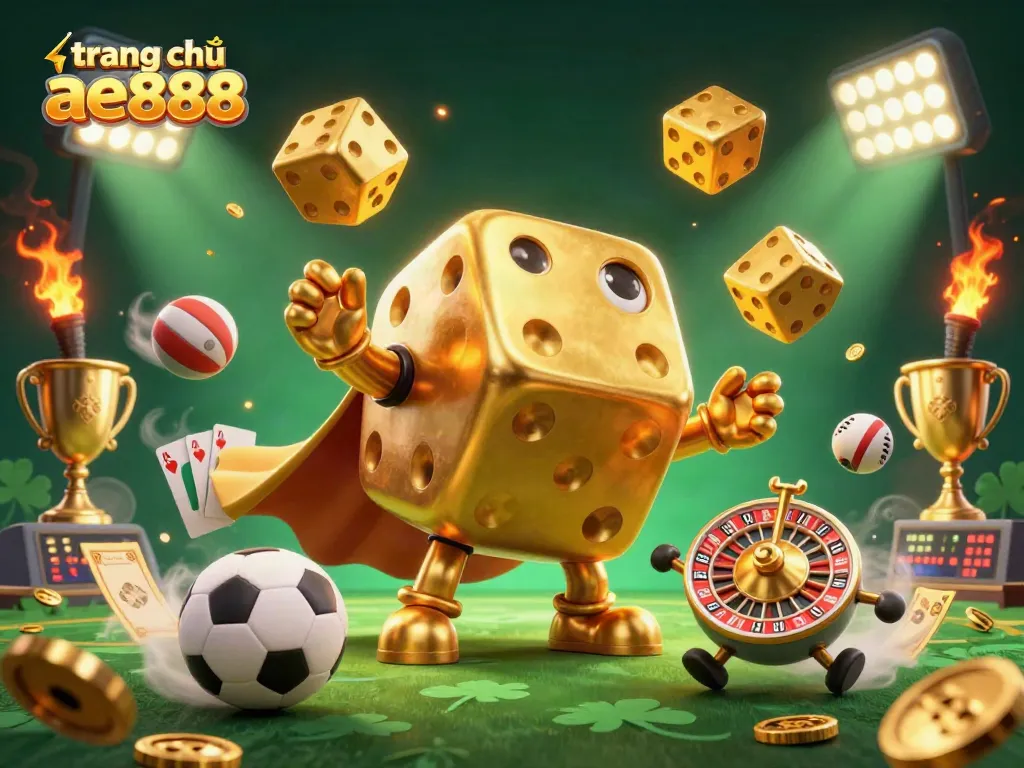 Experience excitement with the trang chủ ae888, showcasing golden dice, sports elements, and dynamic lighting.
