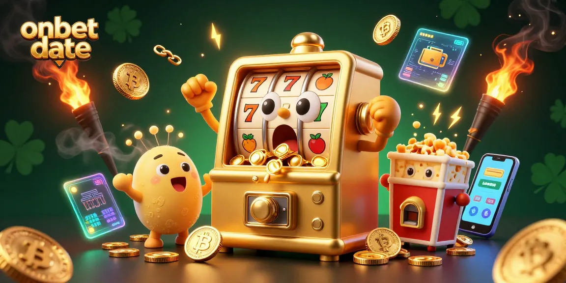Celebrate big wins with onbet date as golden slot machines shine with excitement in this vibrant illustration.