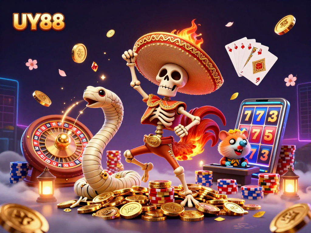 Celebrate wins with UY88 in this vibrant 3D casino scene featuring dynamic characters and elements.