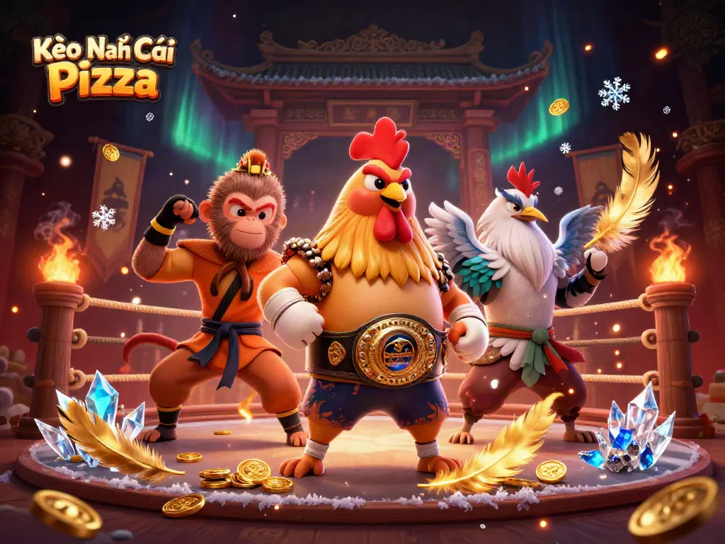 Kèo Nhà Cái Pizza showcases a vibrant and dynamic gambling scene with martial artist characters in a rich arena setting.