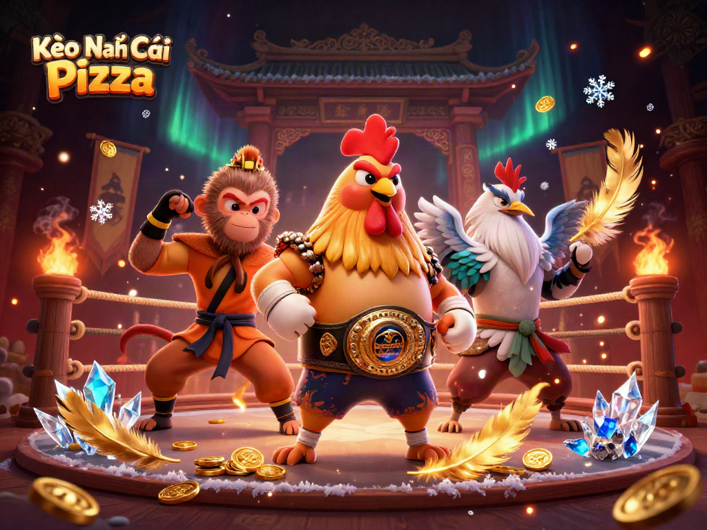 Kèo Nhà Cái Pizza showcases a vibrant and dynamic gambling scene with martial artist characters in a rich arena setting.