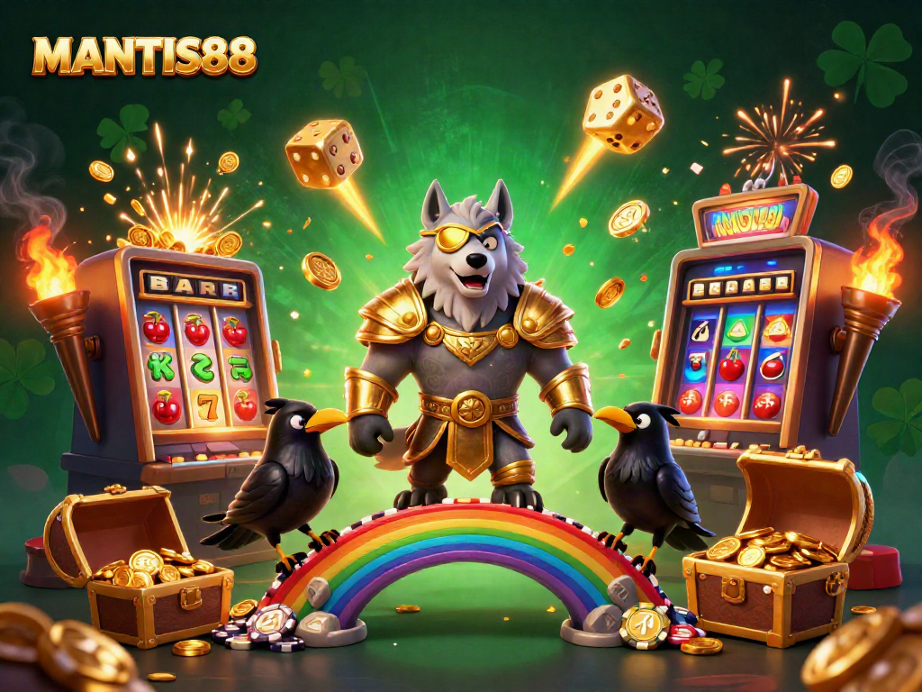 MANTIS88 presents a dynamic 3D scene with Odin's wolf and ravens amid a jackpot explosion.