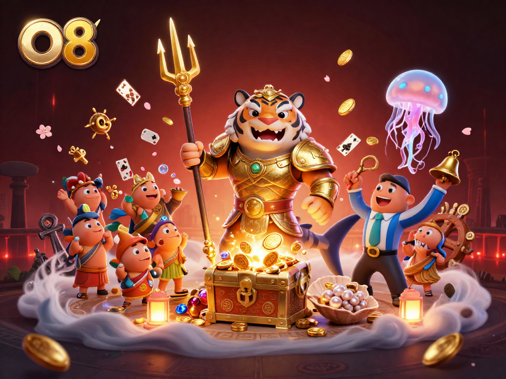 Engage with thrilling O8 gameplay in an underwater colosseum with dynamic characters and treasures.