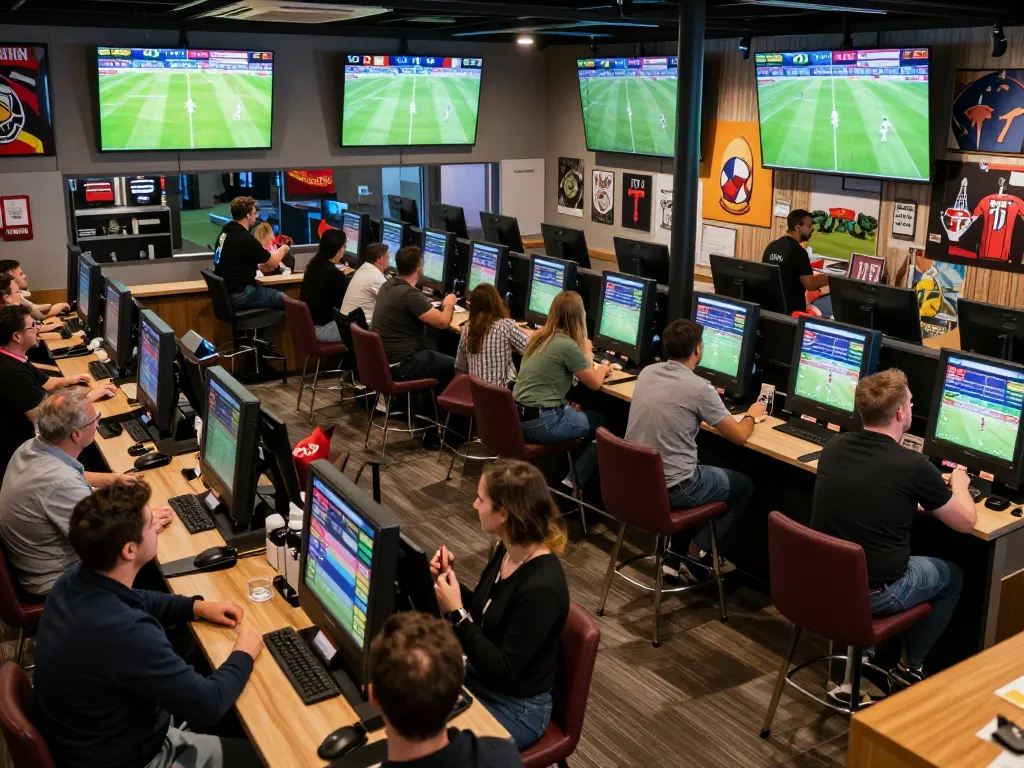 Fans engage in soccer betting action at a lively venue, showcasing enthusiasm and live odds.