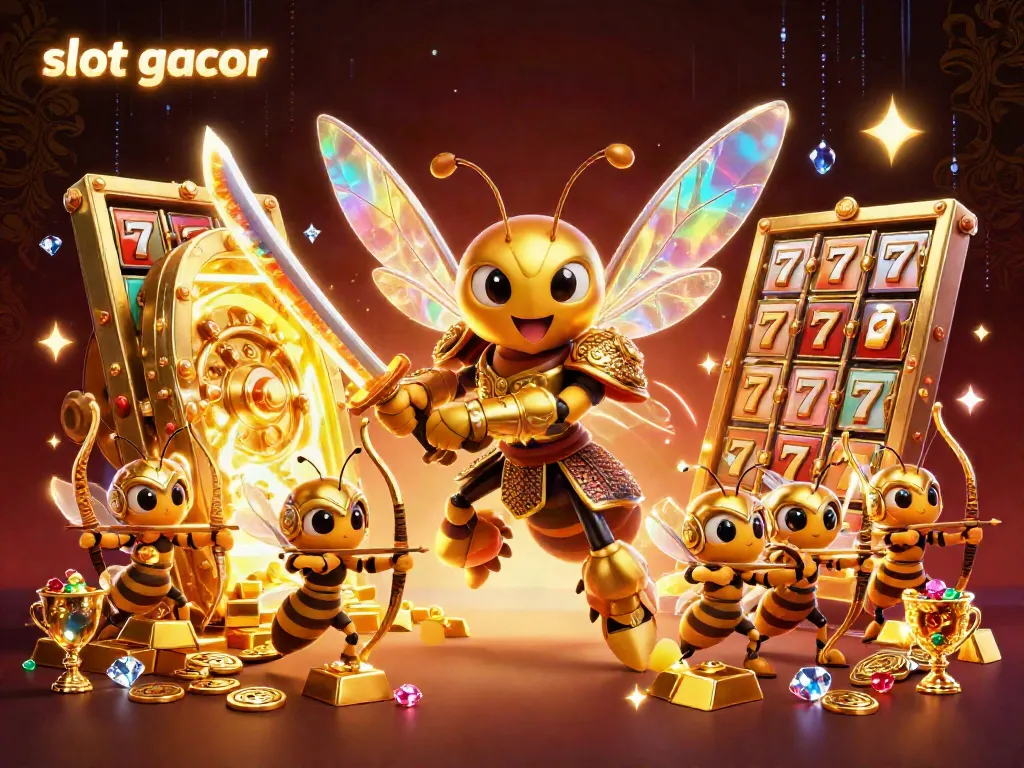 Engage with dynamic slot gacor action featuring a hornet warrior and treasure amidst shimmering jewels.