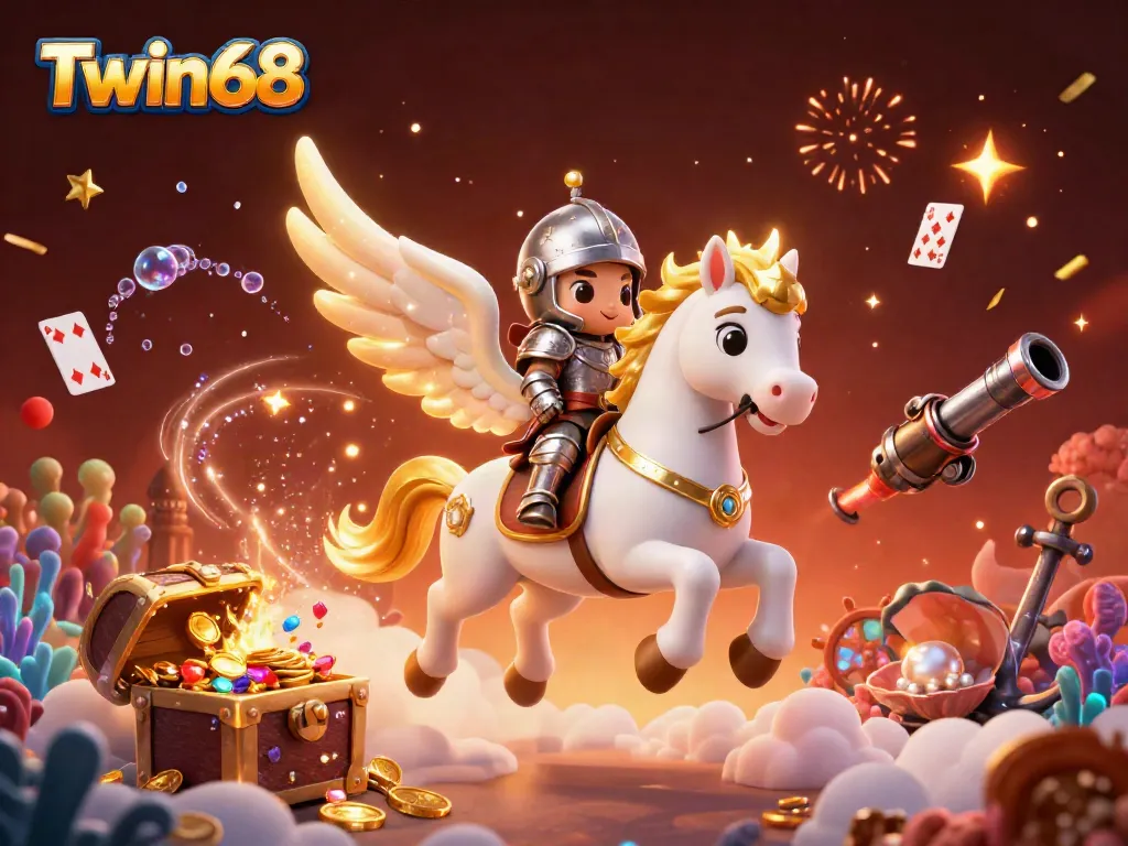 Engage in thrilling casino action at Twin68 with a celestial horse and knight amidst dynamic gaming elements.