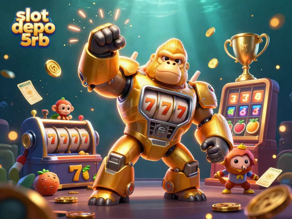 Engage with slot depo 5rb through this vibrant casino-inspired 3D illustration highlighting exciting slot action.