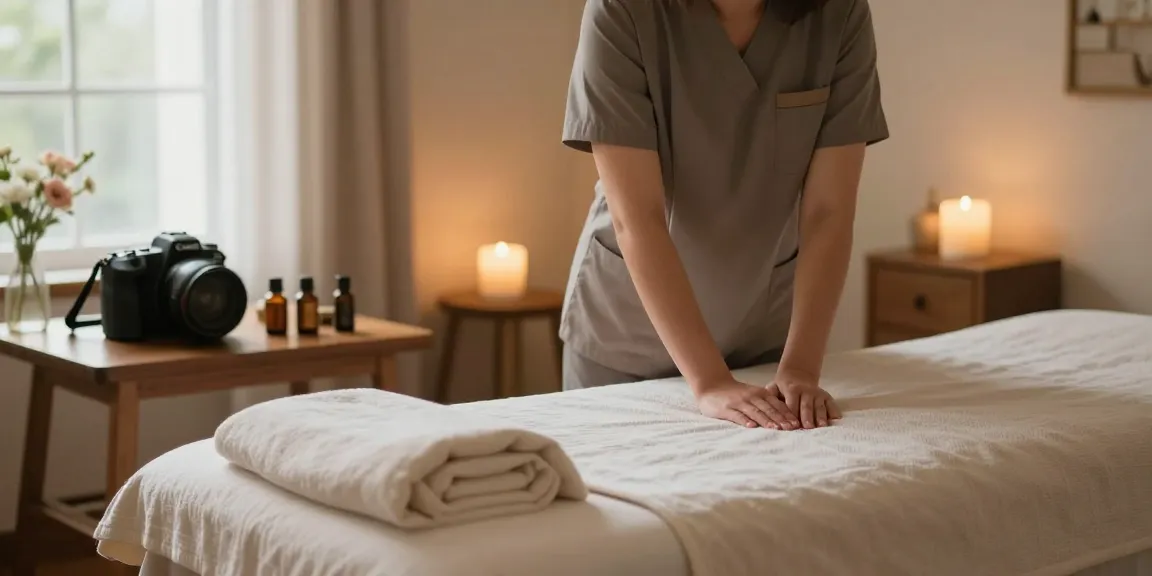 Relaxing 오산출장마사지 experience with professional therapist preparing a calm environment for clients.