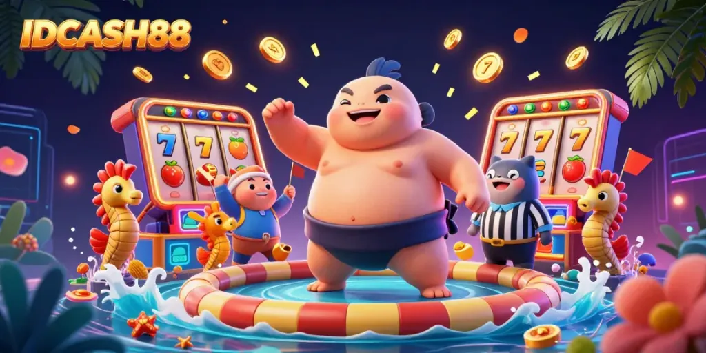Experience the thrilling action of IDCASH88 with vibrant slot machines and joyous underwater characters.