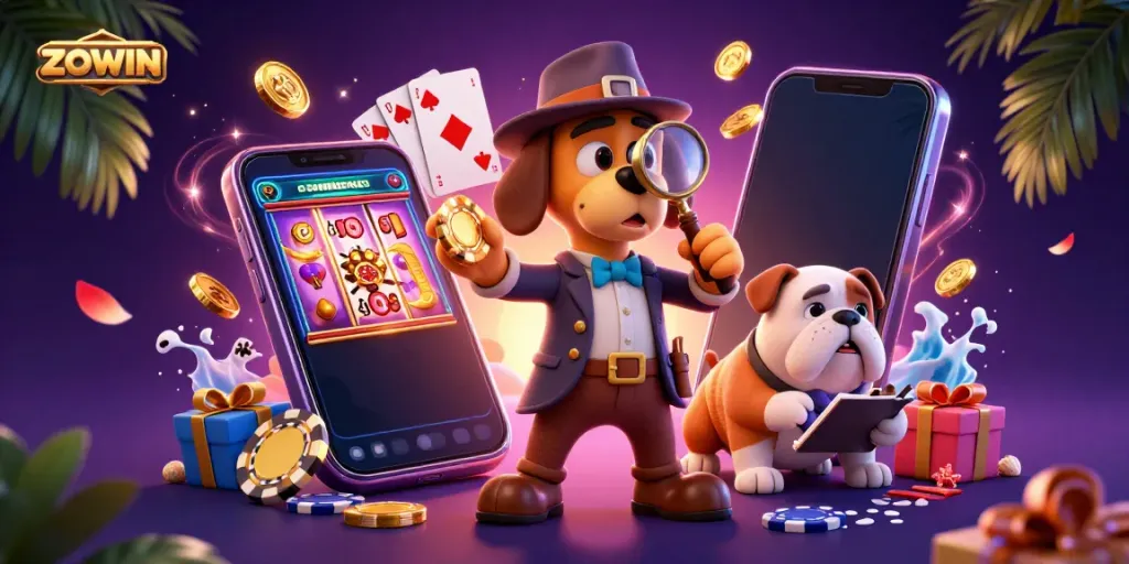 Engage in ZOWIN's thrilling casino experience with 3D characters exploring vibrant gaming elements and treasure clues.
