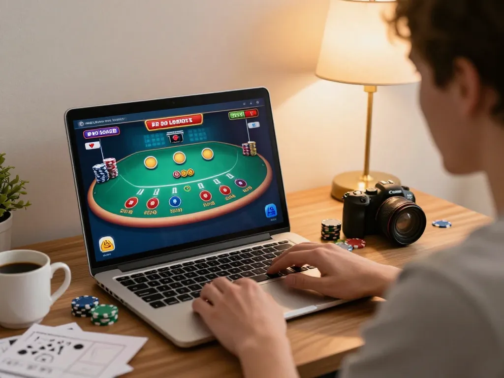 A person engages with an online blackjack game at home, showcasing Agen Resmi while managing strategy bets