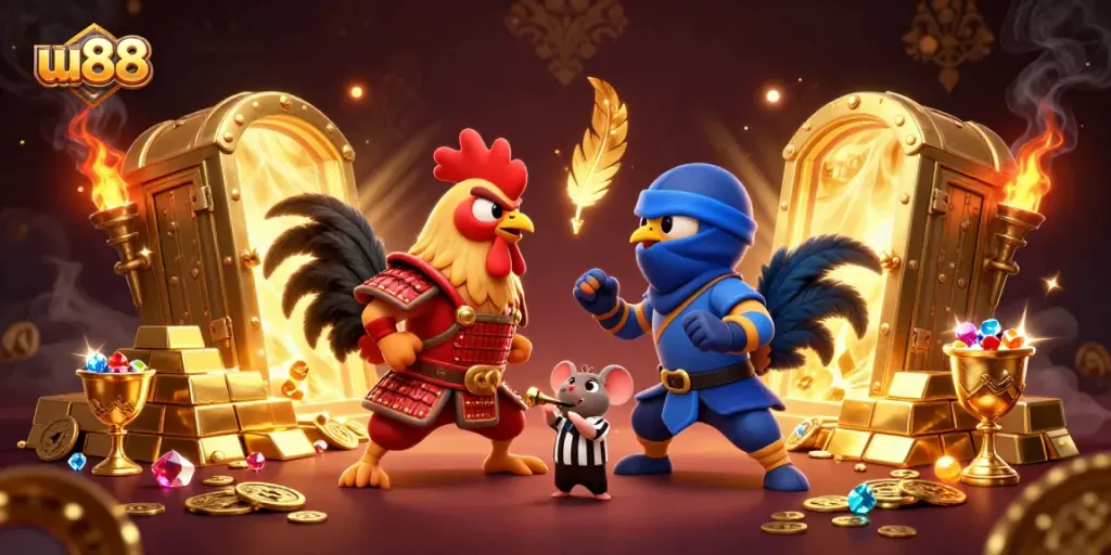 Engage in thrilling competition at uu88 with dynamic fighting roosters in a stunning casino scene.